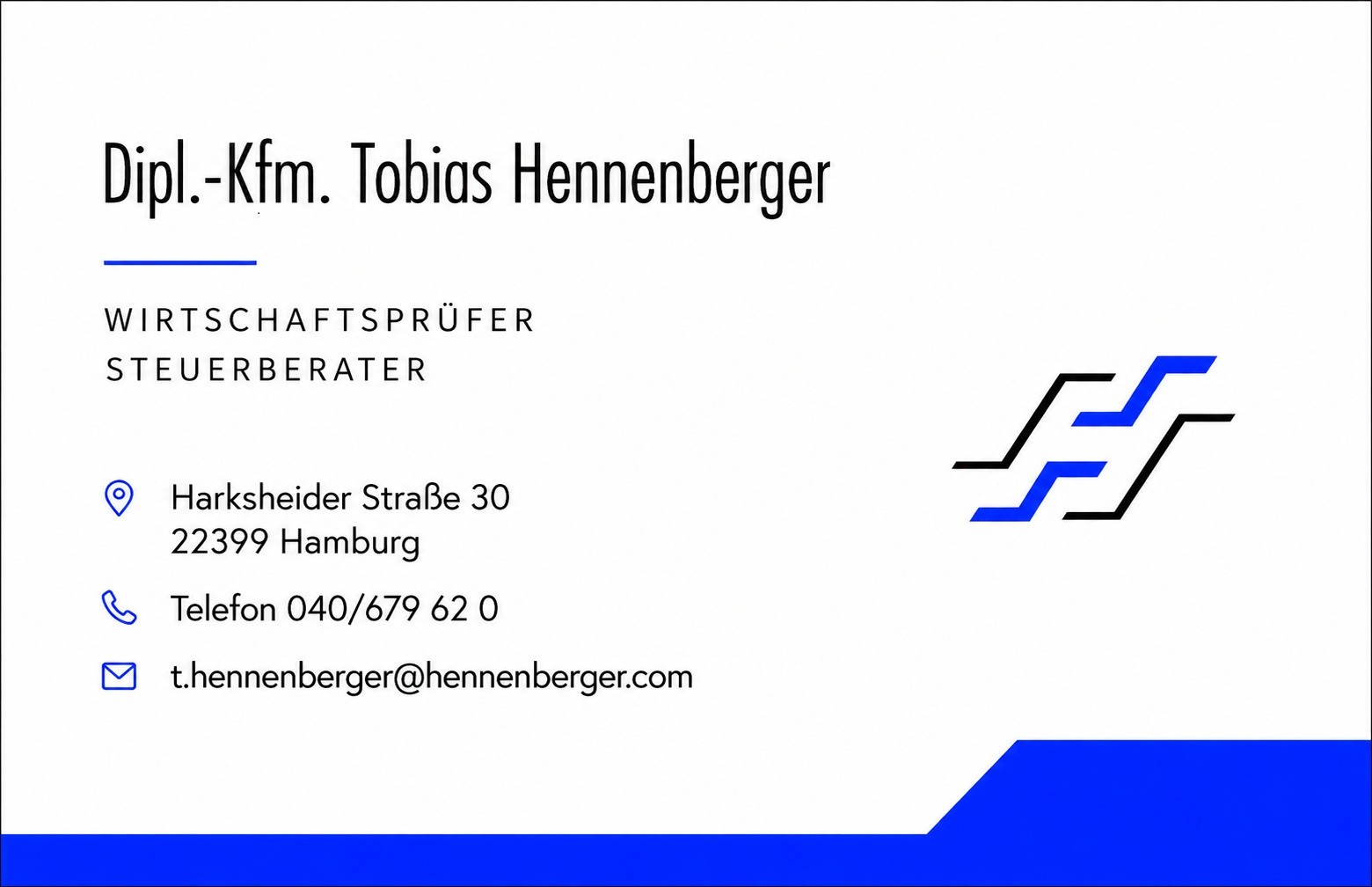 Visitenkarte Dipl.-Kfm. Tobias Hennenberger, Wirtschaftsprüfer und Steuerberater, Harksheider Straße 30, 22399 Hamburg